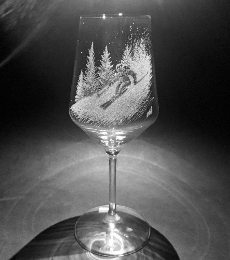 Customised Wine Glasses Skiing Skier Gift Hand Engraved Skier Skiing Gift Glass Art Mountians Gin Glass Prosecco Beer Glass image 2