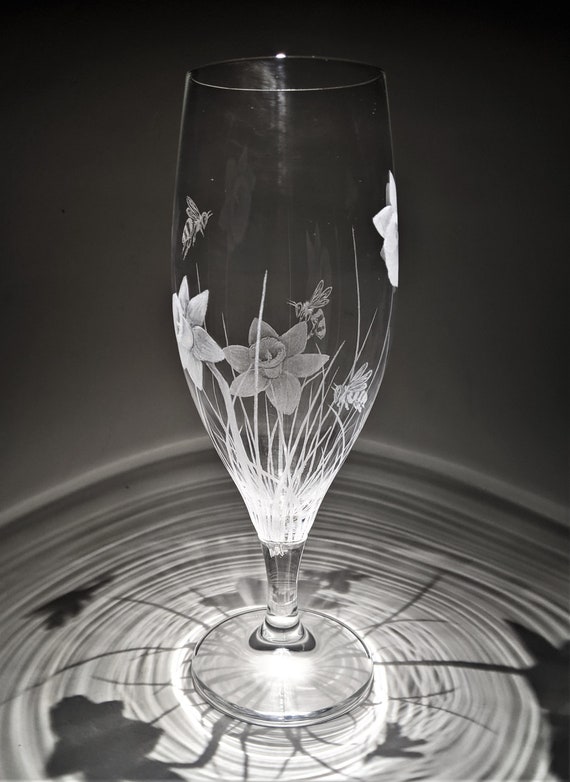 Hand Engraved Daffodil Beer Glass Daffodil and Bees Glass Etsy