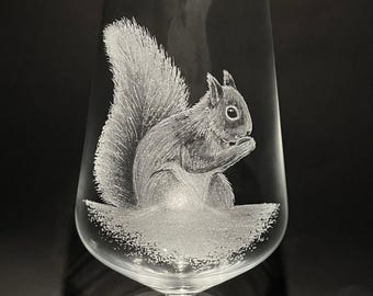 Hand Engraved Squirrel Wine Glass - Squirrel Glass - Squirrel Gift - Squirrel Art - Glass Art - Etched Wine Glass- Animal Glass - Animal Art