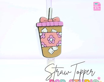 May include: A 3D-printed straw topper in the shape of an iced coffee. The topper is brown with a pink floral design and a pink bow on top. The text "3D PRINT FILE" and "INSTANT DIGITAL DOWNLOAD" are at the top. The text "Straw Topper" and "B3D STUDIO" are at the bottom.