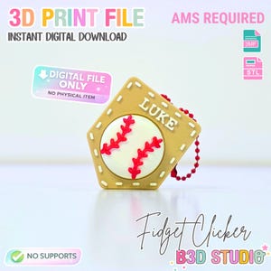 Puede incluir: Un fidget clicker con temática de béisbol con el nombre "LUKE" sobre un fondo beige. La pelota de béisbol tiene costuras rojas. La imagen incluye el texto "3D PRINT FILE", "INSTANT DIGITAL DOWNLOAD", "DIGITAL FILE ONLY" y "NO SUPPORTS".