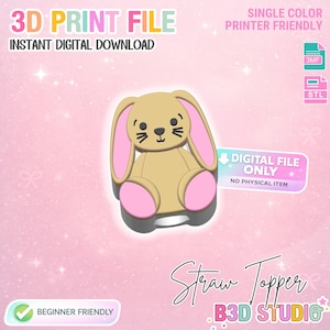 May include: A tan bunny straw topper with pink accents and black whiskers. The image includes the text "3D PRINT FILE" and "DIGITAL FILE ONLY." The text "BEGINNER FRIENDLY" is also visible.