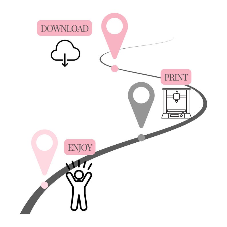 May include: A graphic illustrating a process with a curved gray line and pink location markers. The steps are labeled "DOWNLOAD", "PRINT", and "ENJOY", with corresponding icons of a cloud, a 3D printer, and a person with raised arms.
