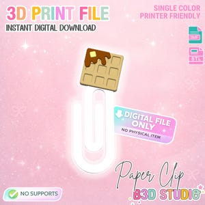 Op de afbeelding: Een digitaal downloadbestand voor een 3D-geprinte paperclip met een wafelontwerp en siroop. De afbeelding bevat de tekst "3D Print File", "Instant Digital Download" en "Digital File Only". Het ontwerp is in één kleur en printervriendelijk.