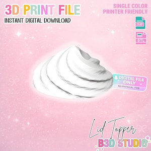 Op de afbeelding: Een wit 3D-geprint deksel-topper-ontwerp, met de tekst "3D PRINT FILE" en "INSTANT DIGITAL DOWNLOAD". De afbeelding bevat ook de tekst "SINGLE COLOR PRINTER FRIENDLY" en "DIGITAL FILE ONLY NO PHYSICAL ITEM".