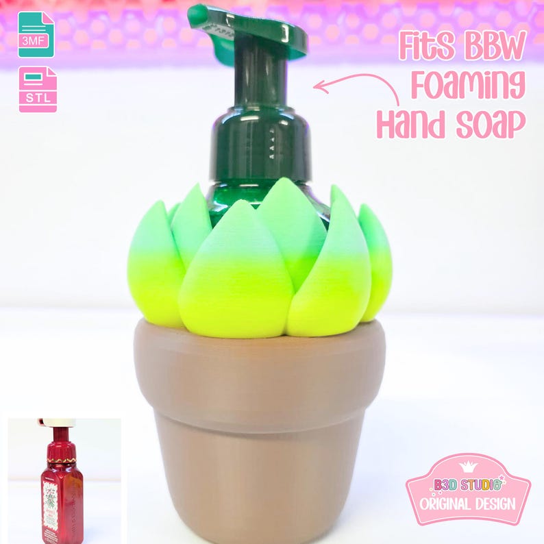 May include: A decorative hand soap dispenser featuring a green and yellow succulent design. The dispenser is in a brown pot-shaped base and has a green pump. Text on the image reads "Fits BBW Foaming Hand Soap."