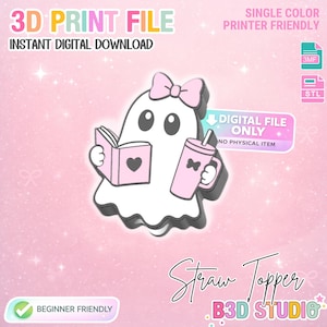 Peut inclure: Un fichier d'impression 3D pour un embout de paille fantôme représentant un fantôme blanc avec un nœud rose, tenant un livre rose avec un cœur et un gobelet rose. Le texte inclut 3D PRINT FILE, INSTANT DIGITAL DOWNLOAD, SINGLE COLOR PRINTER FRIENDLY, DIGITAL FILE ONLY, NO PHYSICAL ITEM, BEGINNER FRIENDLY, Straw Topper et B3D STUDIO.