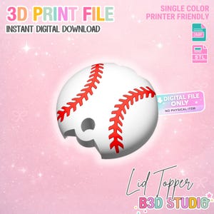 May include: A white baseball lid topper with red stitching and a bite taken out of it. The image includes the text "3D PRINT FILE" and "INSTANT DIGITAL DOWNLOAD". The words "SINGLE COLOUR PRINTER FRIENDLY" are also visible.