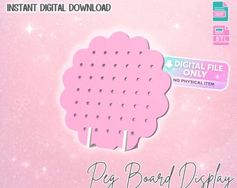 May include: A pink peg board display with a scalloped edge, featuring numerous small holes. The text "3D PRINT FILE" and "INSTANT DIGITAL DOWNLOAD" are at the top. The words "DIGITAL FILE ONLY" and "NO PHYSICAL ITEM" are also visible. The design is single color and printer friendly.