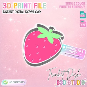 Puede incluir: Un diseño de plato para baratijas en forma de fresa rosa con un tallo verde y un contorno gris. La imagen incluye el texto "3D PRINT FILE" y "INSTANT DIGITAL DOWNLOAD". El diseño está etiquetado como "DIGITAL FILE ONLY" y "NO PHYSICAL ITEM".