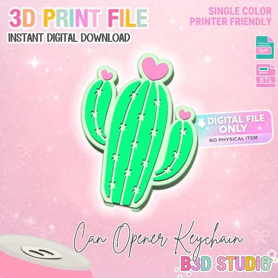 Heart Cactus Can Opener Keychain 3D Print File (STL + 3MF Digital Download)