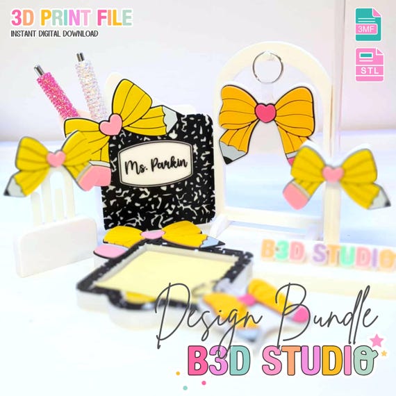 Pencil Bow 3D Print File Bundle: Pen Holder, Keychain, More (STL & 3MF Digital Download)