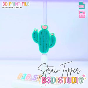 Op de afbeelding: Een turquoise cactus rietjesopzetstuk met een roze hart. De afbeelding bevat de tekst "3D PRINT FILE" en "INSTANT DIGITAL DOWNLOAD". De woorden "Straw Topper" en "B3D STUDIO" zijn ook zichtbaar.