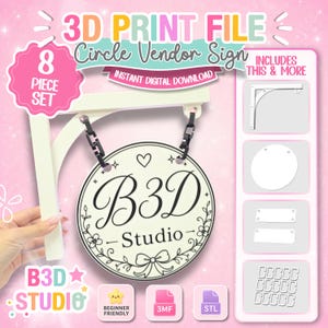 以下が含まれることがあります： 3Dプリント用データ、円形ベンダーサイン。B3D Studioの文字、ハート、花柄が描かれた白い円形看板が、黒いチェーンで白い壁掛けブラケットから吊り下げられている。サイドバーには追加のパーツが表示されている。