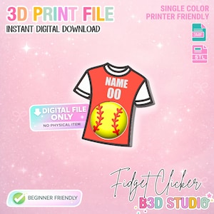 Pode incluir: Um arquivo de impressão 3D para um fidget clicker em forma de camisa vermelha e branca com um gráfico de bola de softbol amarela, contendo o texto NAME 00. O download digital inclui formatos 3MF e STL, compatíveis com impressoras.