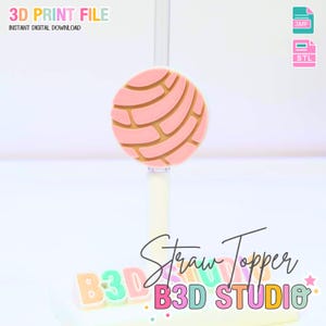 May include: A pink and tan concha-shaped straw topper. The topper is attached to a clear straw. The image also includes the text "3D PRINT FILE INSTANT DIGITAL DOWNLOAD" and "Straw Topper B3D STUDIO".