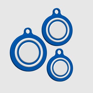 May include: Three blue and white circular tags with a hole at the top for attachment. The tags are in varying sizes, with a white inner circle and a blue outer ring. The background is a solid light gray.