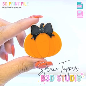 May include: An orange pumpkin straw topper with a black bow. The image includes the text "3D PRINT FILE INSTANT DIGITAL DOWNLOAD" and "Straw Topper B3D STUDIO". The topper is held by a hand.