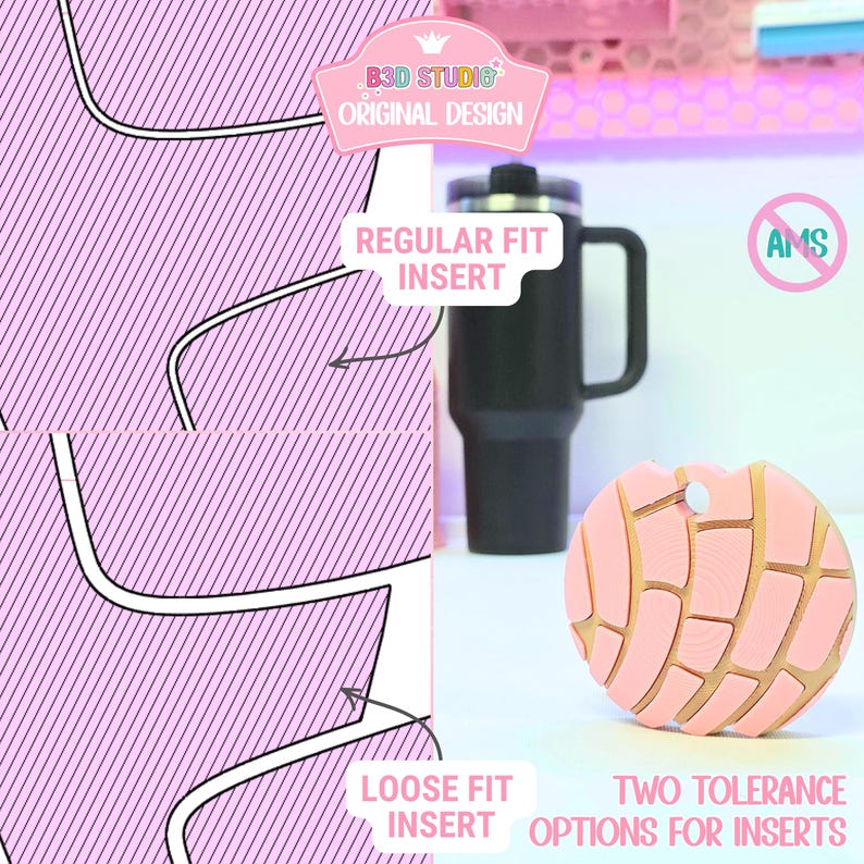 Puede incluir: Un posavasos para coche en forma de concha rosa y dorada junto a un vaso negro. El posavasos tiene un dise&ntilde;o detallado con el texto "TWO TOLERANCE OPTIONS FOR INSERTS". La imagen tambi&eacute;n incluye el texto "B3D STUDIO ORIGINAL DESIGN".