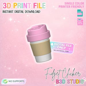 以下が含まれることがあります： ピンク、ベージュ、白の3Dプリントコーヒーカップのデザイン。テキスト「3D PRINT FILE」と「INSTANT DIGITAL DOWNLOAD」が含まれています。画像には「SINGLE COLOR PRINTER FRIENDLY」と「DIGITAL FILE ONLY, NO PHYSICAL ITEM」のテキストも含まれています。