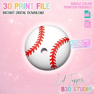 May include: A white baseball with red stitching, designed as a 3D print file. The image includes text that reads "3D Print File" and "Instant Digital Download." Additional text indicates it is a single-color, printer-friendly digital file.