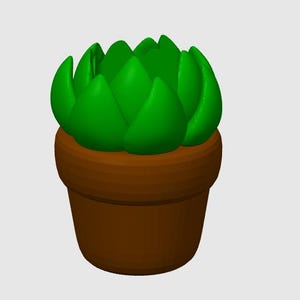 May include: A 3D rendering of a small succulent plant in a brown pot. The plant has bright green, pointed leaves arranged in a circular pattern. The pot is a simple, rounded shape, and the background is plain.