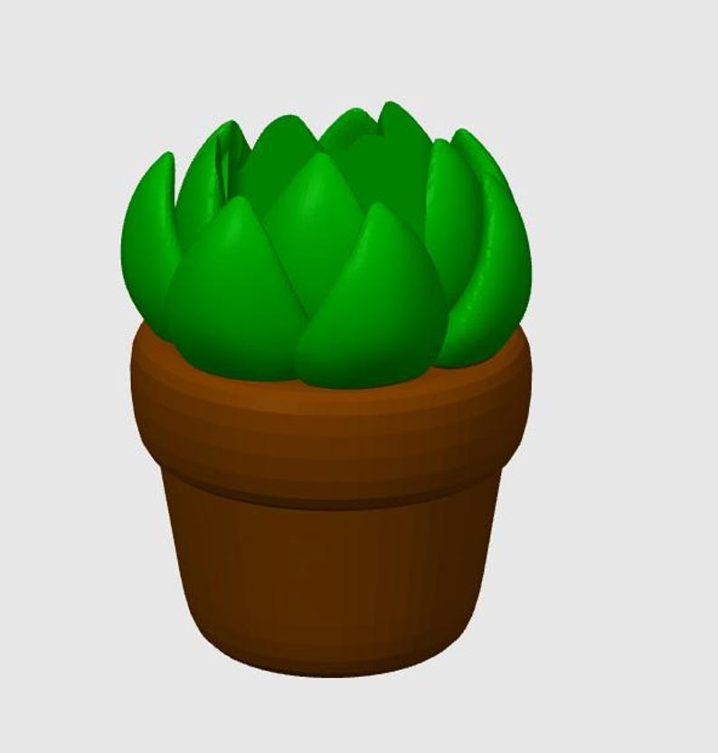 May include: A 3D rendering of a small succulent plant in a brown pot. The plant has bright green, pointed leaves arranged in a circular pattern. The pot is a simple, rounded shape, and the background is plain.