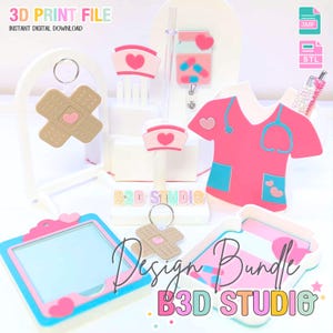 May include: A collection of pink, blue, and tan medical-themed 3D print files. Includes a nurse's uniform, nurse's cap, bandage, clipboard, and pill bottle designs. The text "3D PRINT FILE" and "Design Bundle" are visible.