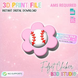 Może przedstawiać: Różowy fidget clicker w kształcie kwiatu z motywem baseballu pośrodku. Piłka do baseballu jest biała z czerwonymi szwami. Obraz zawiera tekst "3D PRINT FILE", "NATYCHMIASTOWE POBIERANIE CYFROWE" i "TYLKO PLIK CYFROWY."