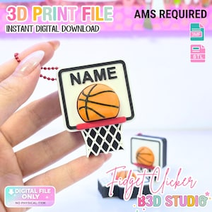 Puede incluir: Un llavero de canasta de baloncesto impreso en 3D con un tablero blanco con el texto NAME en negro, un balón de baloncesto naranja, un aro rojo y una red negra. Es un archivo digital para impresión 3D que requiere un sistema AMS para imprimir.