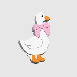 May include: A white goose ornament with a pink bow tie. The goose has orange feet and an orange beak. The background is a light grey colour. The ornament is a cute, decorative item.