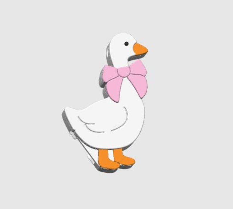 May include: A white goose ornament with a pink bow tie. The goose has orange feet and an orange beak. The background is a light grey colour. The ornament is a cute, decorative item.