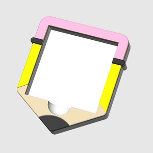 May include: A unique, pencil-shaped picture frame with a pink top, yellow sides, and a beige and black bottom. The frame has a white interior and black accents, creating a playful and artistic design. The frame is designed to hold a photo.