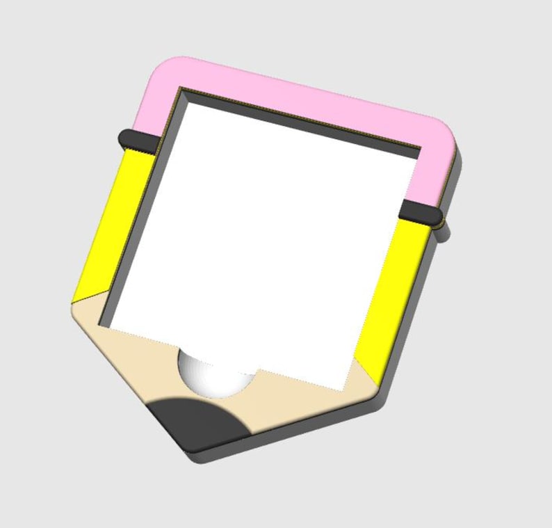 May include: A unique, pencil-shaped picture frame with a pink top, yellow sides, and a beige and black bottom. The frame has a white interior and black accents, creating a playful and artistic design. The frame is designed to hold a photo.