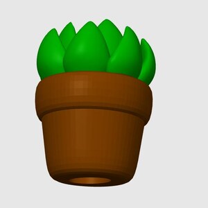 May include: A 3D-rendered image of a small potted succulent. The plant features bright green, pointed leaves emerging from a brown, cylindrical pot. The pot has a slightly flared rim and a smooth, rounded base.