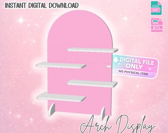 May include: A pink arch display with four white shelves, a digital download. Text includes "3D Print File," "Instant Digital Download," "Single Colour Printer Friendly," and "Digital File Only." The design is from B3D Studio.