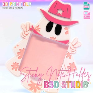 Peut inclure: Un porte-bloc-notes imprimé en 3D rose et blanc en forme de personnage de dessin animé portant un chapeau de cow-boy. Le support a un carré rose pour les notes et le texte "Sticky Note Holder" et "B3D STUDIO". L'image comprend également le texte "3D PRINT FILE" et "INSTANT DIGITAL DOWNLOAD".