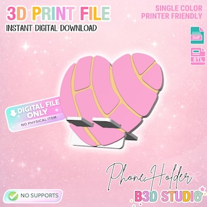 May include: A pink phone holder with a heart-shaped design, featuring yellow accents. The text "3D PRINT FILE" and "INSTANT DIGITAL DOWNLOAD" are visible. The design is "SINGLE COLOUR PRINTER FRIENDLY" and requires "NO SUPPORTS". The text "Phone Holder" and "B3D STUDIO" are also present.