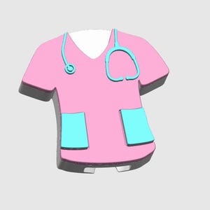 May include: A pink medical scrub top with a light blue stethoscope and two pockets. The scrub top has a V-neck and a gray outline. The pockets and stethoscope are light blue.