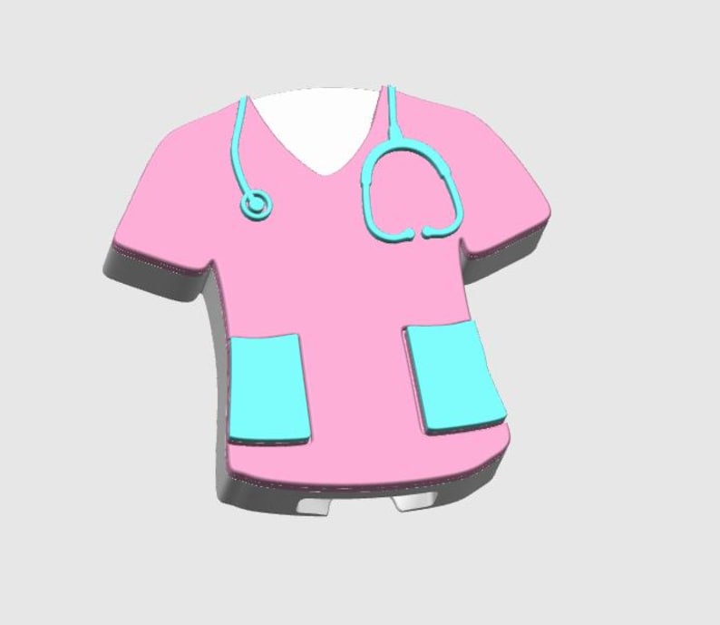 May include: A pink medical scrub top with a light blue stethoscope and two pockets. The scrub top has a V-neck and a gray outline. The pockets and stethoscope are light blue.