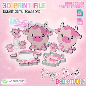 May include: A digital design bundle featuring pink cow illustrations and 3D print files. The image includes various cow designs, including a cow-shaped cookie cutter. Text on the image includes "3D Print File" and "Design Bundle."