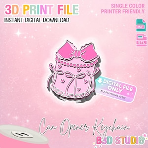 Puede incluir: Un diseño de llavero abrelatas rosa con un lazo, corazones y cintas. El texto dice "3D PRINT FILE" y "INSTANT DIGITAL DOWNLOAD". El diseño es "SINGLE COLOR PRINTER FRIENDLY" y es un "DIGITAL FILE ONLY".