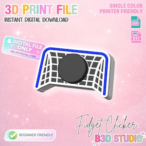Può includere: Un file di stampa 3D per un fidget clicker a forma di porta da hockey con cornice blu, rete nera e un pulsante circolare nero centrale. Il download digitale include formati 3MF e STL, adatti ai principianti e alle stampanti monocolore.