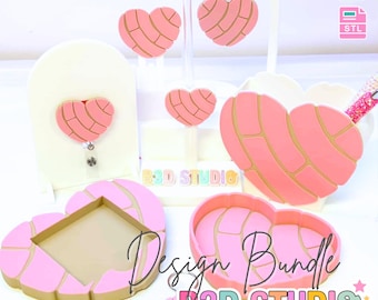 May include: A collection of pink and gold heart-shaped 3D printed designs, including earrings, a badge reel, a frame, and a container. The designs feature a textured pattern and the text "Design Bundle" and "B3D STUDIO". The image also includes the text "3D PRINT FILE" and "INSTANT DIGITAL DOWNLOAD".
