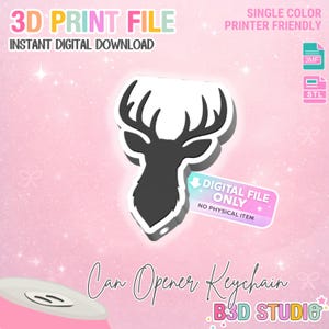 Puede incluir: Un archivo digital para un llavero abrelatas con un diseño de cabeza de ciervo negro. La imagen incluye el texto "3D PRINT FILE" y "INSTANT DIGITAL DOWNLOAD". El diseño es de un solo color y apto para impresión.