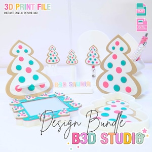 May include: A selection of 3D-printed Christmas tree designs in white, tan, pink, and teal. The image features a mirror, a tray, and several tree-shaped ornaments. Text on the image reads "3D PRINT FILE" and "Design Bundle B3D STUDIO".
