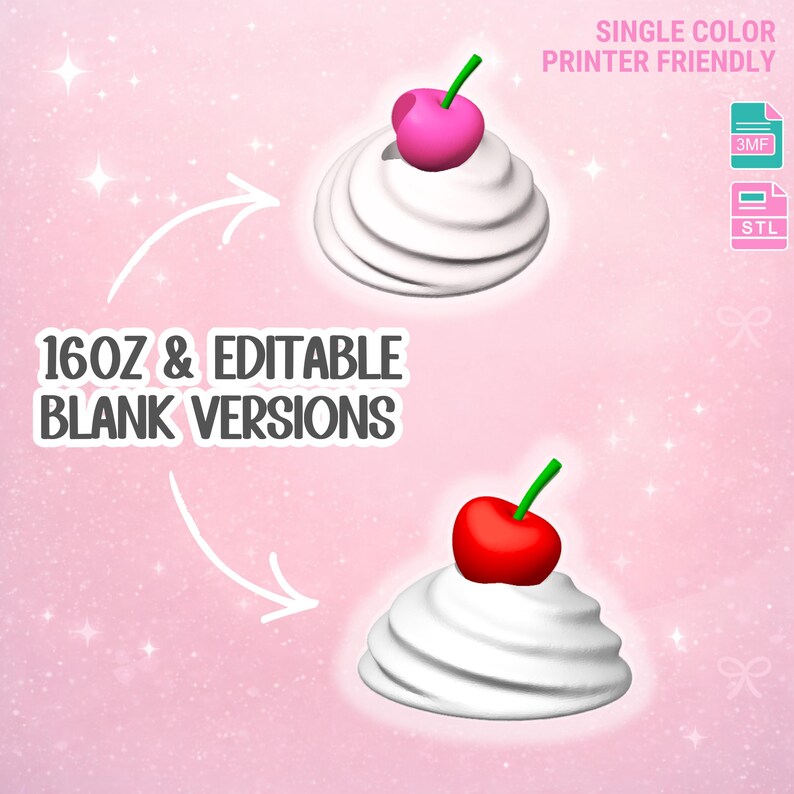May include: A 3D-rendered image of two whipped cream swirls, each topped with a cherry. One cherry is pink with a green stem, the other is red with a green stem. Text reads "16oz & Editable Blank Versions" and "Single Color Printer Friendly."
