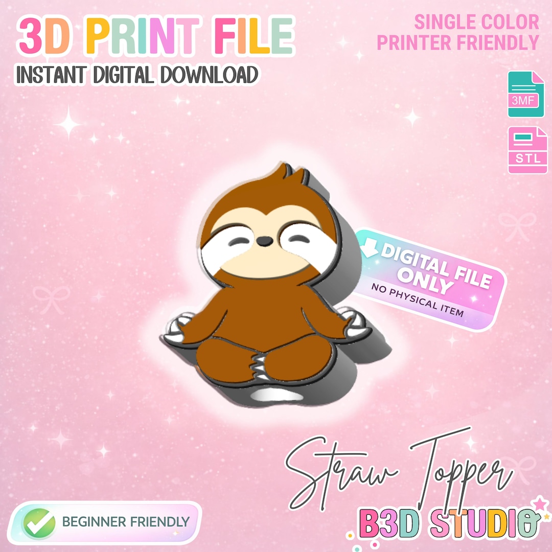 Sloth Straw Topper 3D Print File (STL & 3MF Digital Download) 8mm ...