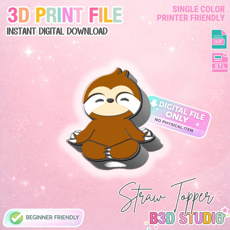 Sloth Printers Sloth Straw Topper 3D Print File (STL & 3MF Digital Download) 8mm ...