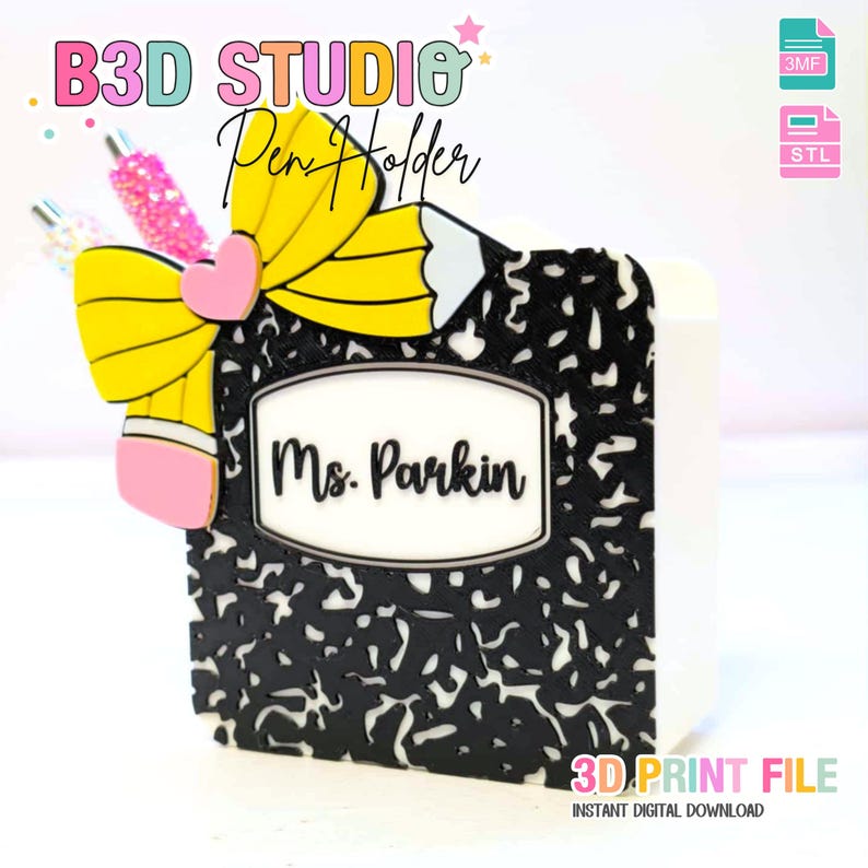 Editable Pencil Bow Pen Holder: 3D Print STL & 3MF File (Digital Download) image 1